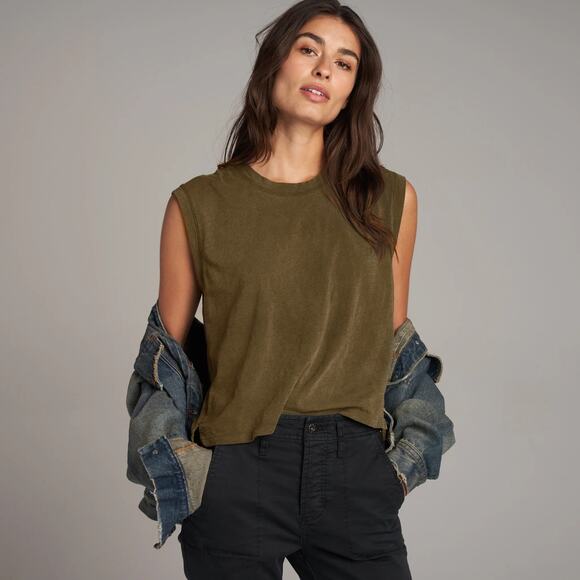 Rowan Women's Savannah Slub Cotton Muscle Tank Top Shirt in Olive Army - Picture 3 of 3